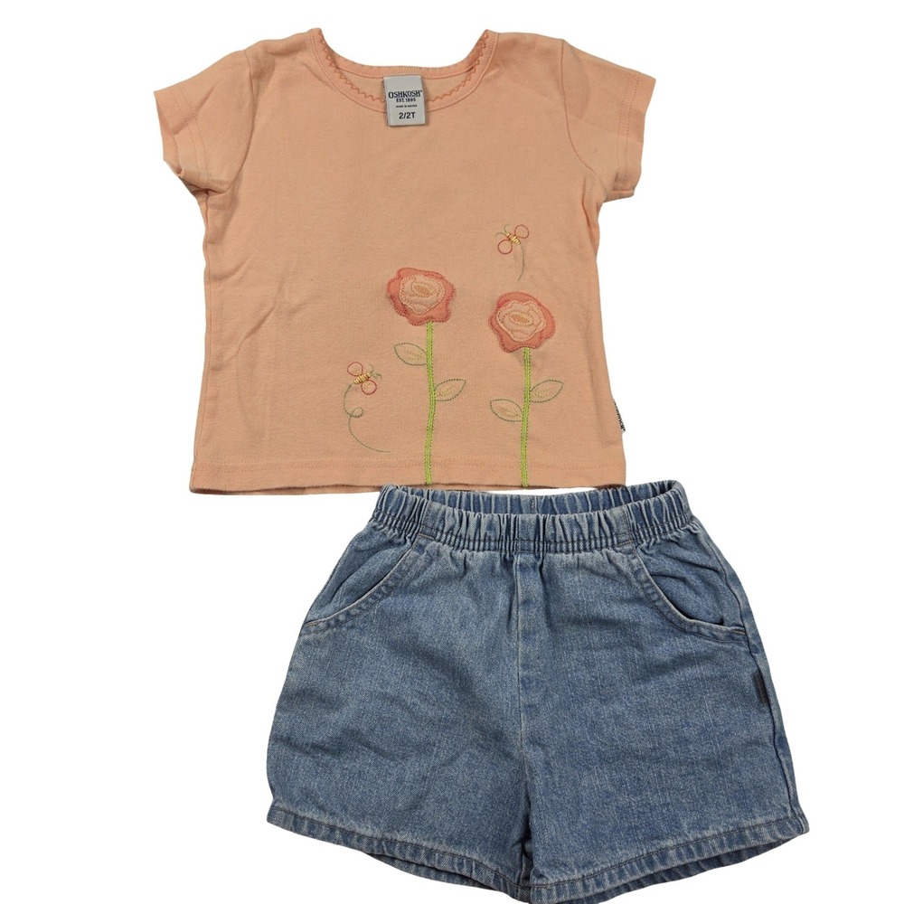 OshKosh Bgosh Toddler Girls 2T Peach Floral Tee and Denim Shorts Set Vintage 90s